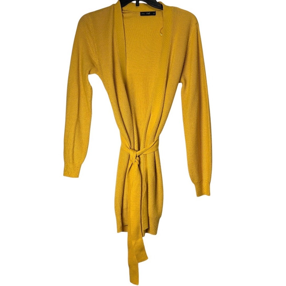F&F Cardigan Sweater Womens 4 Yellow Ribbed Knit Belted Open Front Wrap